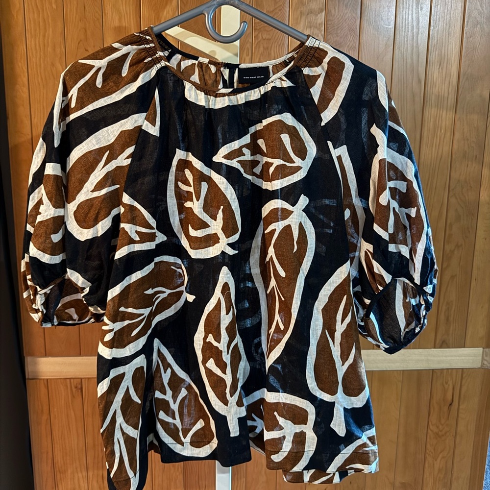 Who What Wear Black and Brown Leaf Print Blouse